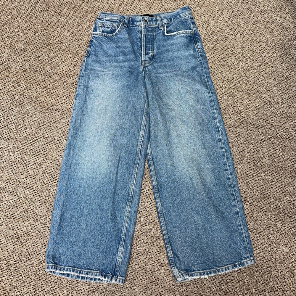Rails The Getty High Rise Wide Leg Jeans Blue Wash Size 27 Button Fly Distressed